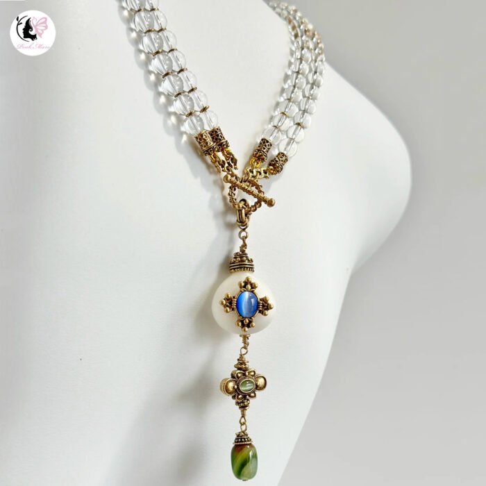 Vintage Transparent Glass and White Natural Stone Agate Bead Necklace
