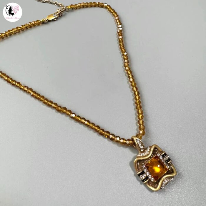 Vintage Yellow Crystal Square Antique Gold Distressed Diamond-Encrusted Necklace