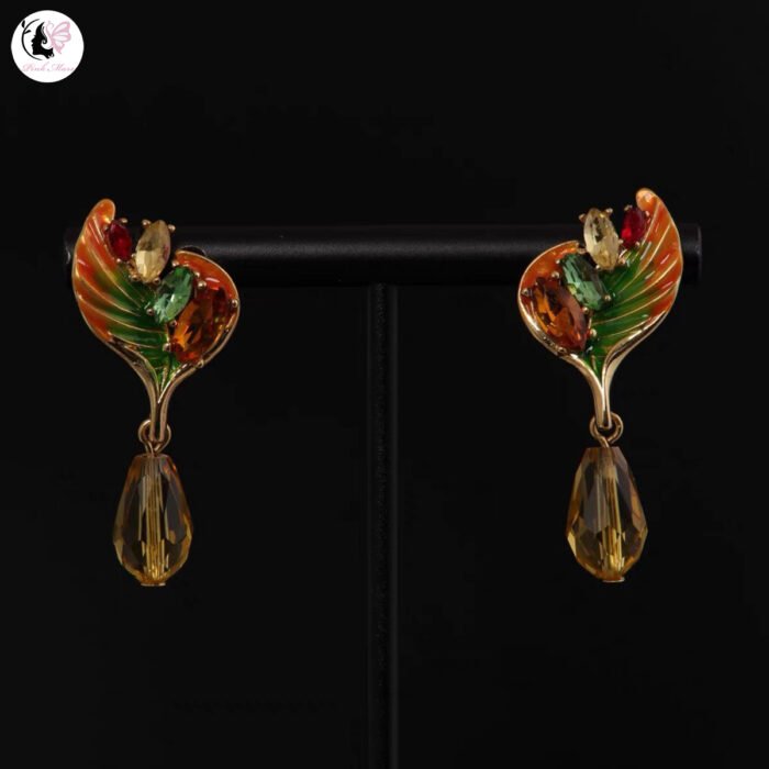 Vintage Hand-Painted Enamel Leaf Crystal Dangle Earrings