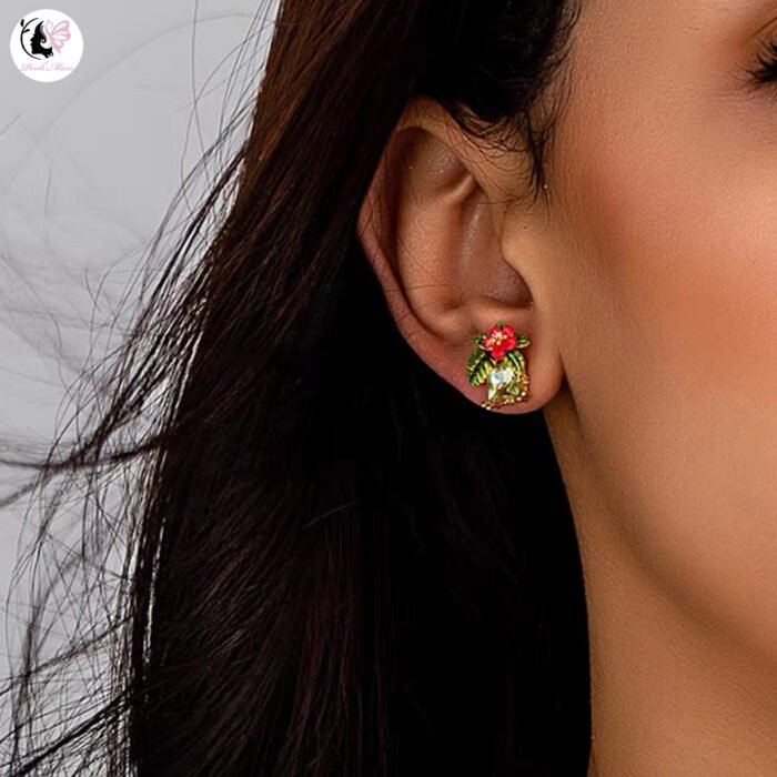 Vintage Hand-Painted Enamel Pink Flower Green Leaf Earrings - Image 2
