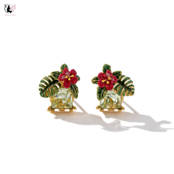 Vintage Hand-Painted Enamel Pink Flower Green Leaf Earrings