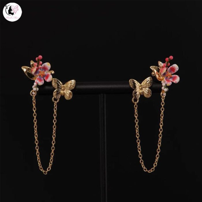 Vintage Hand-Painted Enamel Pink Flower and Plain Gold Butterfly Earrings