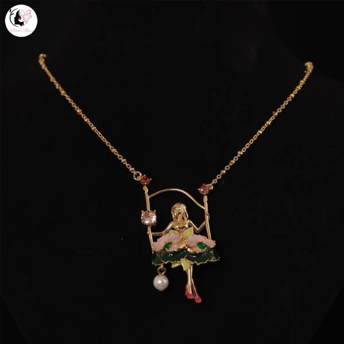 Vintage Hand-Painted Enamel Pink and Green Fairy Cradle Necklace