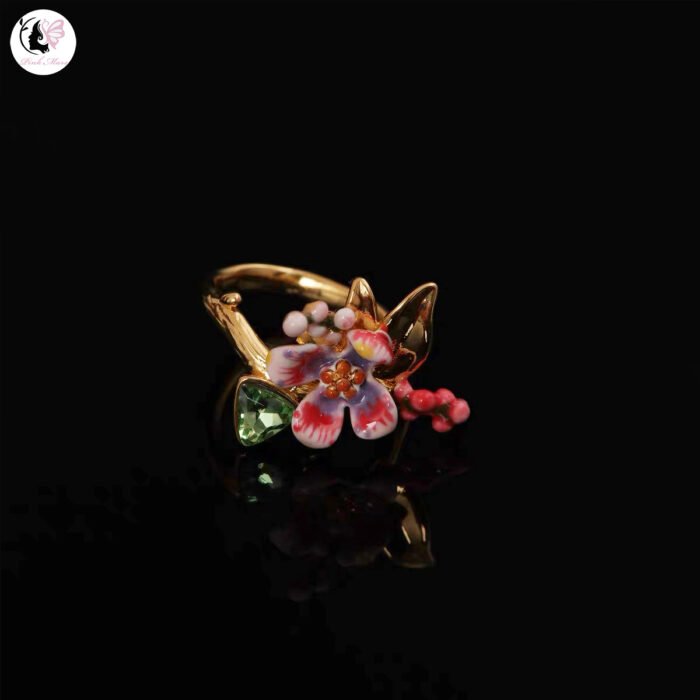 Vintage Hand-Painted Enamel Pink and White Flower Green Crystal Open Ring