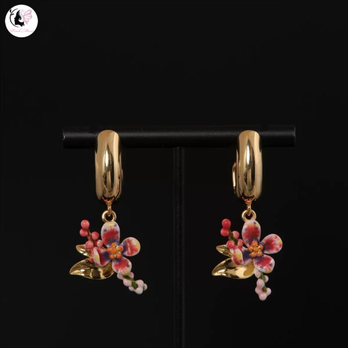 Vintage Hand-Painted Enamel Pink and White Flower Hoop Earrings