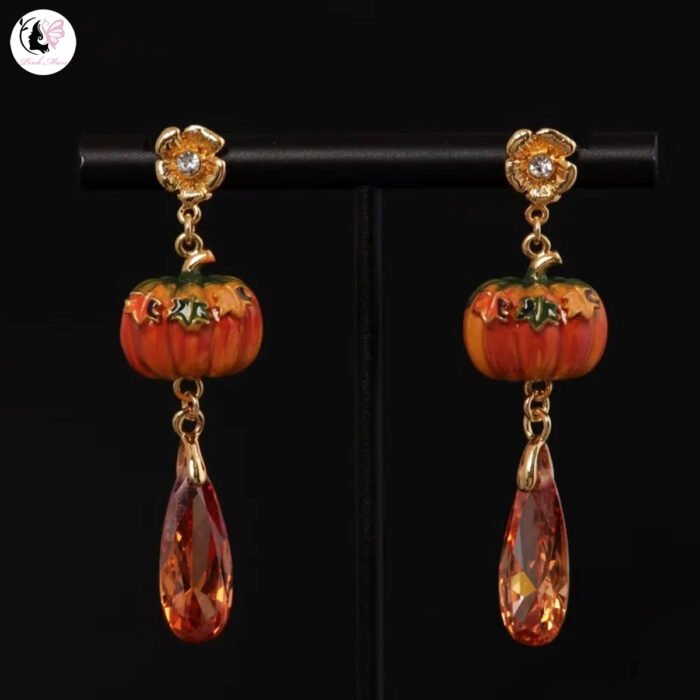 Vintage Hand-Painted Enamel Pumpkin Crystal Pendant Earrings