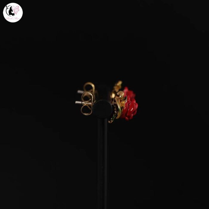 Vintage Hand-Painted Enamel Red Rose Earrings - Image 2