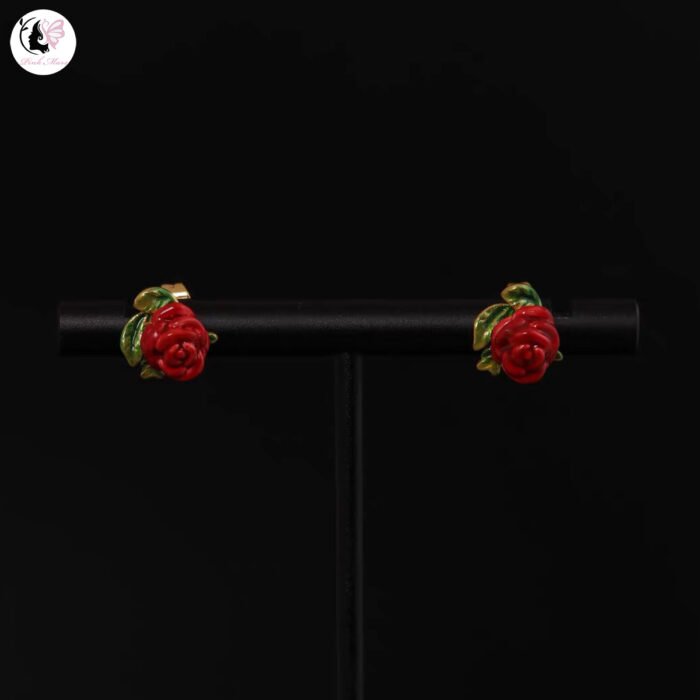Vintage Hand-Painted Enamel Red Rose Earrings