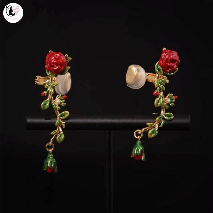 Vintage Hand-Painted Enamel Red Rose Green Leaf Earrings