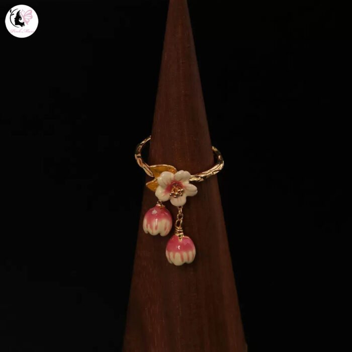 Vintage Hand-Painted Enamel Yellow and Pink Tulip Ring - Image 2