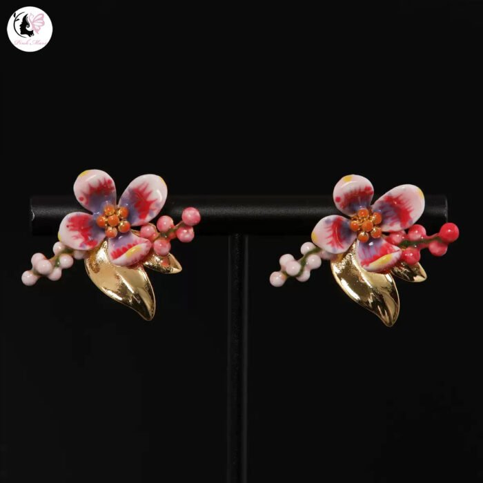 Vintage Hand-Painted Pink White Flowers and Gold-Tone Leave Enamel Earrings