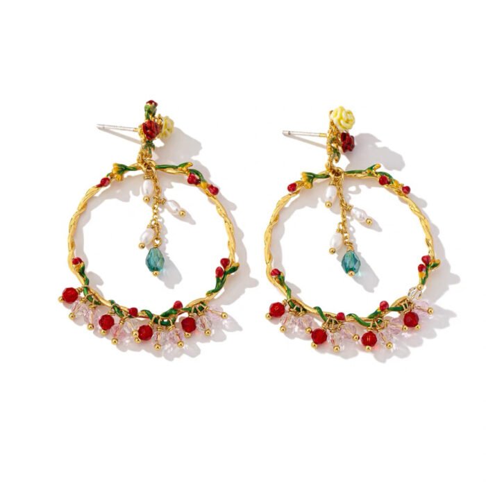 Vintage Hand-painted Enamel Rose Flower Circle Crystal Pendant Earrings